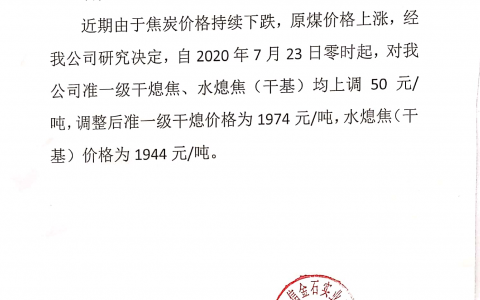 山西中信金石焦炭出厂价格上调50