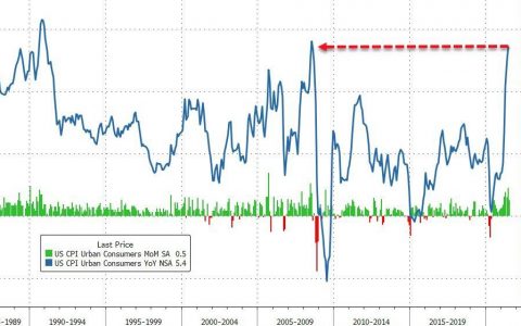 美国7月CPI同比上升5.4% 汽油价格同比涨幅达41.8%