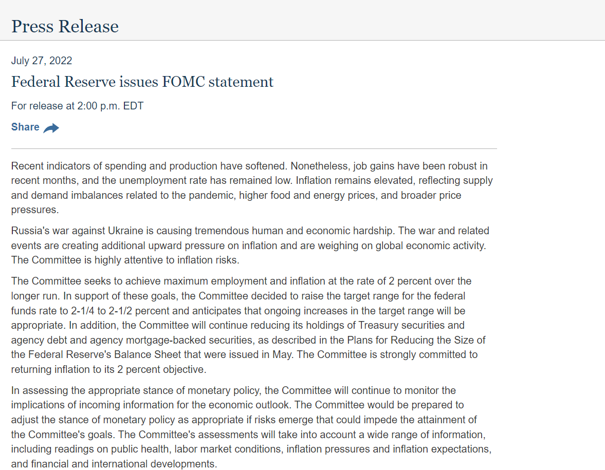 美联储：如期加息75基点 鲍威尔意外放“鸽”