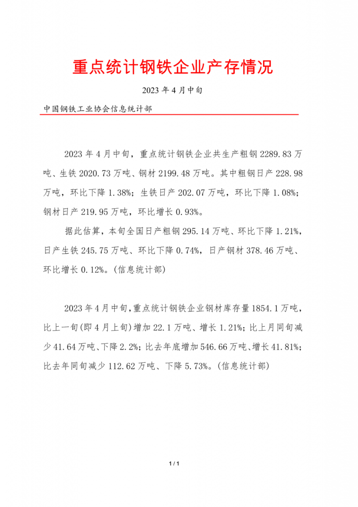 中钢协：2023年4月中旬重点统计钢铁企业产存情况