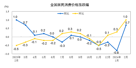 2024年2月份居民消费价格同比上涨0.7% 