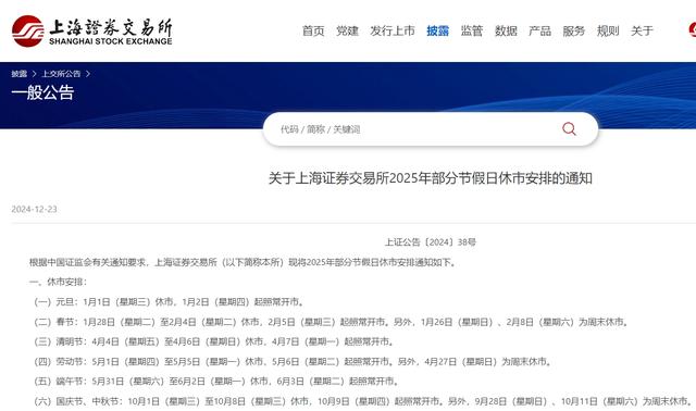 关于上海证券交易所2025年部分节假日休市安排的通知