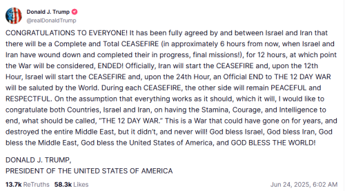 特朗普：以色列和伊朗已完全同意全面停火