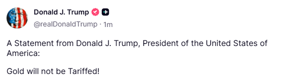特朗普：不会对黄金征收关税
