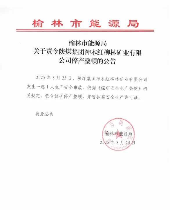 榆林市能源局：责令陕煤集团神木红柳林矿业停产整顿