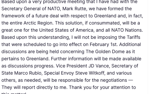 特朗普：已就格陵兰岛问题形成了协议框架 有关关税不会生效