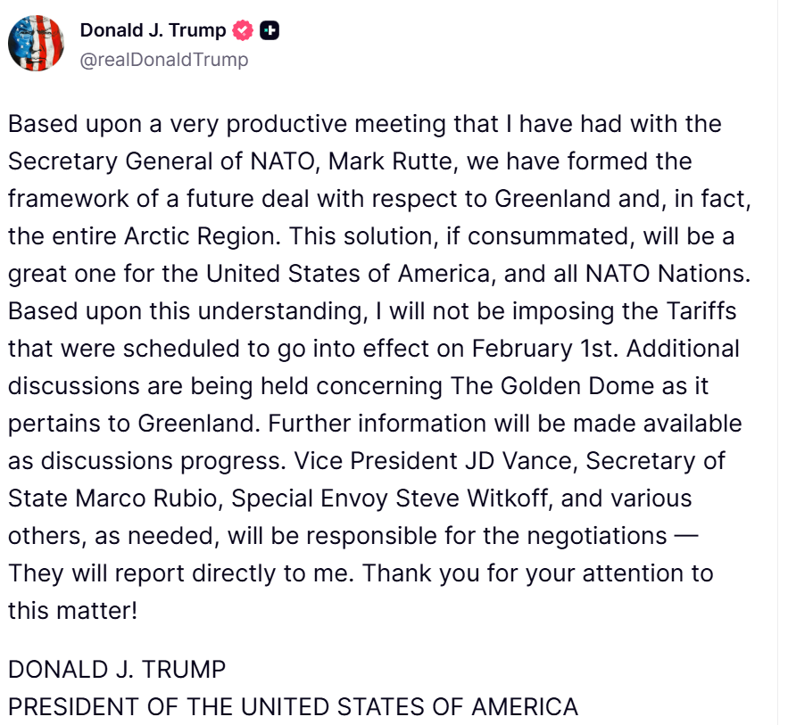 特朗普：已就格陵兰岛问题形成了协议框架 有关关税不会生效