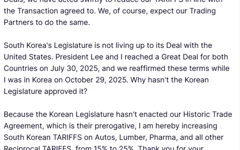 特朗普：将韩国对等关税从15%提高至25%