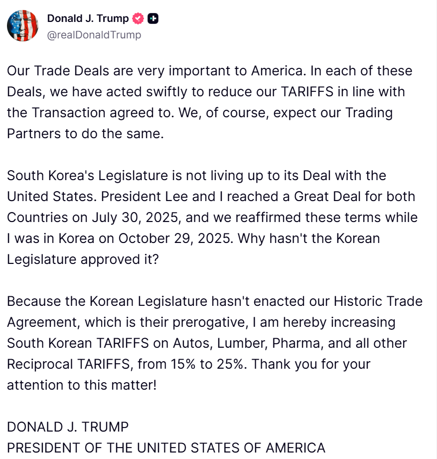 特朗普：将韩国对等关税从15%提高至25%